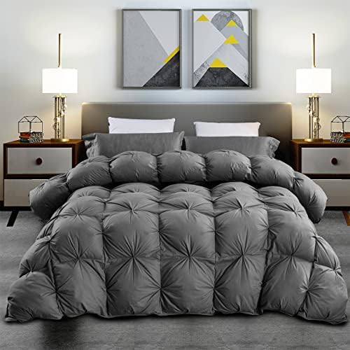  Luxurious Heavy King/California King Siberian Goose Down Comforter All-Season Duvet Insert, Premium Baffle Box, 1200 Thread Count 100% Egyptian Cotton, 75 Oz Fill Weight, White Damask Stripe