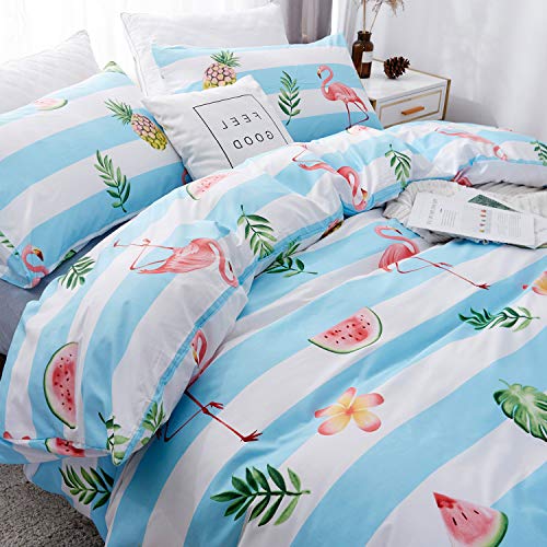  Duvet Cover Set Queen Size Pineapple/Flamingo Pattern White/Light Blue Striped Design Luxury Soft Bedding Set Comforter Cover (1 Duvet Cover+2 Pillowcases)