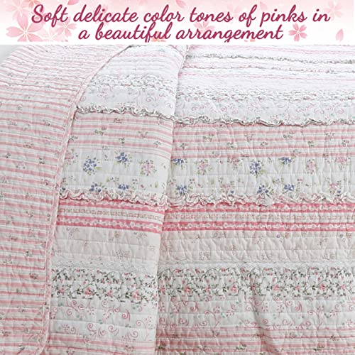  Cozy Line Home Fashions Pink Flower Lace Ruffle Stripe Shabby Chic Girl 100% Cotton Reversible Quilt Bedding Set, Coverlet, Bedspread (Pink Lace, Twin - 2 Piece: 1 Quilt + 1 Sham)