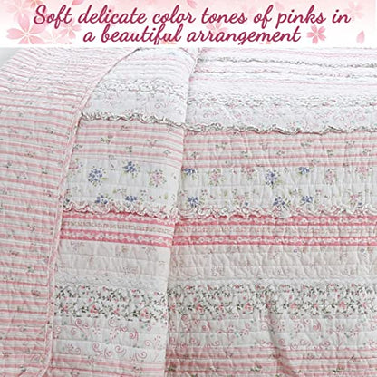  Cozy Line Home Fashions Pink Flower Lace Ruffle Stripe Shabby Chic Girl 100% Cotton Reversible Quilt Bedding Set, Coverlet, Bedspread (Pink Lace, Twin - 2 Piece: 1 Quilt + 1 Sham)