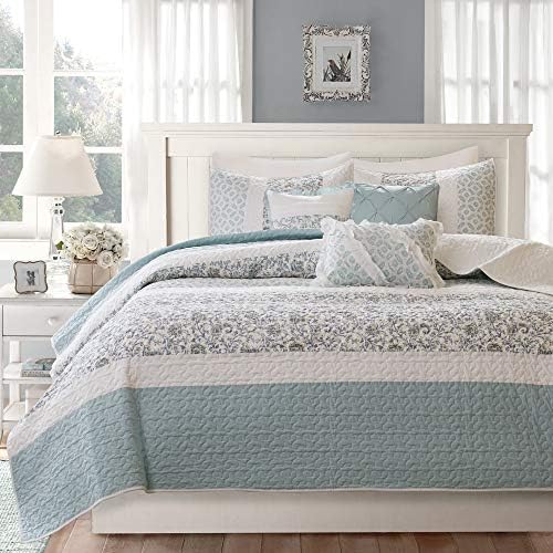  Madison Park 100% Cotton Quilt Set Floral Print, Double Sided Stitching, All Season, Lightweight Coverlet Shabby Chic Bedding Layer, Matching Shams, Full/Queen, Pink 6 Piece