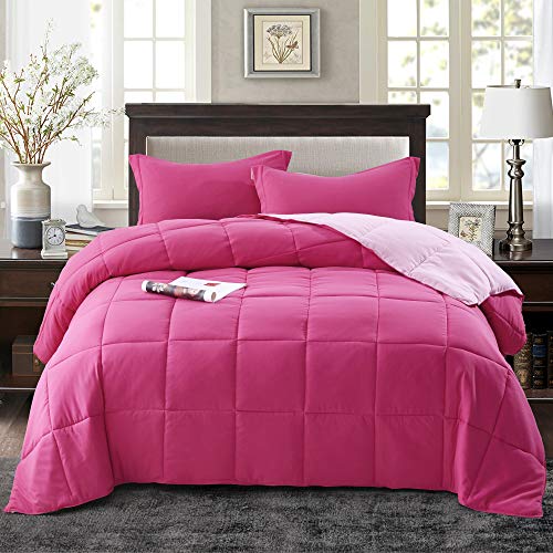  HIG 3pc Down Alternative Comforter Set - All Season Reversible Comforter With Two Shams - Quilted Duvet Insert With Corner Tabs - Box Stitched - Super Soft, Fluffy (Full/Queen, Pink)