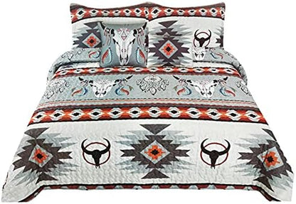  Western Peak 5 Piece Bull Skull Native Tribal Feather Artisan Southwestern Boho Design Quilt Bedding Set With Shams And Decorative Pillows (Black Teal, Queen)