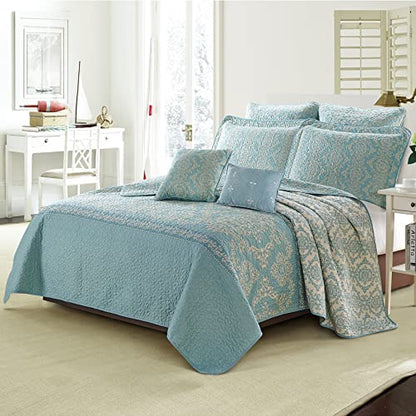  Home Soft Things Printed Microfiber 7 Piece Quilt Set Oversize 122" X 106" Bed Cover, Teal Aqua Gold Lightweight Reversible Bedspread Blanket Coverlet Bedding Set Thin Comforter, Mystic Teal