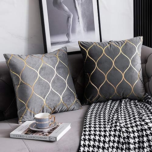  DEZENE Gold Velvet Throw Pillow Covers: 2 Pack 18x18 Inch Square Decorative Pillow Cases for Bedroom Sofa Couch Living Room, Pink