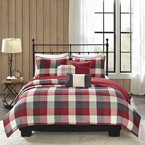  Reversible Quilt Cabin Lifestyle Plaid Design - All Season, Breathable Coverlet Bedspread Bedding Set, Matching Shams, Ridge Red King/Cal King(104"x92") 6 Piece
