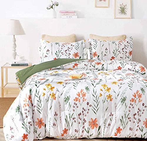  Loral Duvet Cover Queen Size - White Yellow Flowers And Green Leaf Spring Botanical Printed Microfiber Comforter Cover Set - 3PC 90X90 Soft And Lightweight Quilt Cover, Farmhouse Style For Women Men