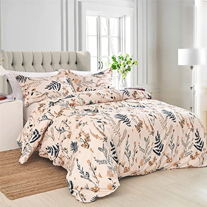  JSD 3 Piece Blush Floral Duvet Cover Set Queen, Soft Botanical Printed Microfiber Comforter Cover Zipper Closure Corner Ties