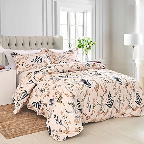  3 Pcs Blush Pink Floral Duvet Cover Set King Size, Soft Botanical Printed Microfiber Comforter Cover Zipper Closure Corner Ties