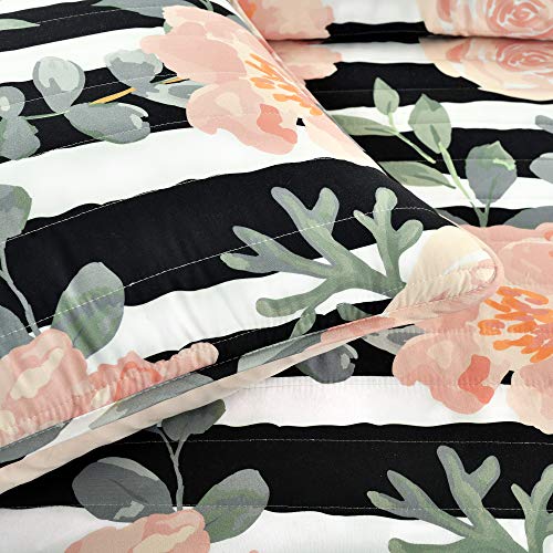  Lush Decor Amara Watercolor Rose 5 Piece Quilt Set, Black & Dusty Rose, King