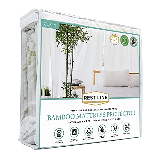  Est LINE Bamboo Jacquard Water Proof Mattress Protector (Queen), Cooling Technology 100% Bamboo,Hypoallergenic, Breathable And 100% Waterproof, Stretches Up To 18 Inches, 60X80 Soft Fitted Cover