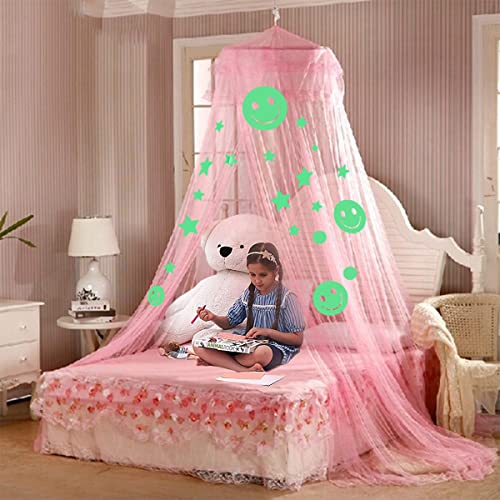  Bed Canopy For Girls Bedroom Decor With Fluorescent Stars Glow In Dark Mosquito Net Canopy Bed Curtains (Pink-Smile)