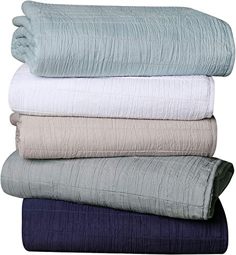 Luxury All Season Ultra Soft Enzyme Washed Reversible 1-Piece Quilt Coastal Pattern Crinkle Coverlet Bedspread, Full/Queen, Navy Blue Palm Leaves