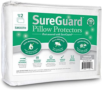  Of 2 Standard Size SureGuard Pillow Protectors - 100% Waterproof, Bed Bug Proof, Hypoallergenic - Premium Zippered Cotton Terry Covers