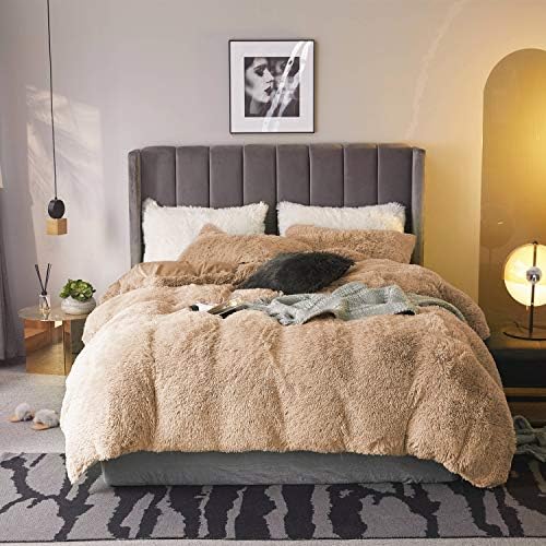  3pc Fluffy Plush Shaggy Duvet Cover Faux Fur Fluffy Comforter Bed Sets Ultra Soft Velvet Bedding Sets (1 Faux Fur Duvet Cover + 2 Pompoms Fringe Pillowcases) Zipper Closure Dark Grey, King