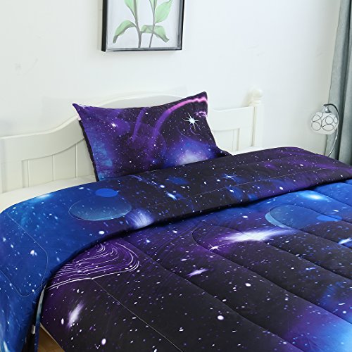  Twin Comforter Set Galaxies Purple Color - 3D Outer Space Themed Bedding - All Season Down Alternative Quilted Duvet - Reversible Design- Includes 1 Comforter And 1 Pillowcase