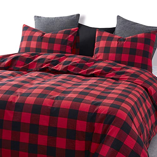  Wake In Cloud - Red Black Plaid Duvet Cover Set, 100% Washed Cotton Bedding, Buffalo Check Gingham Plaid Geometric Checker Pattern, With Zipper Closure (3pcs, Queen Size)
