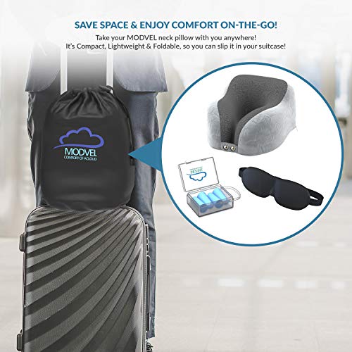  MODVEL Travel Pillow Pure Memory Foam | Neck Cushion For Airplane And Car Trips | Comfortable And Soft | Compact And Easy To Carry | With 3D Contoured Eye Masks, Earplugs, And Luxury Bag (MV-860)