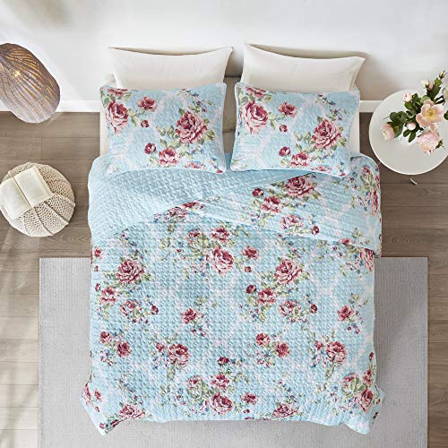  Comfort Spaces Reversible Quilt Set-Vermicelli Stitching Design All Season, Lightweight, Coverlet Bedspread Bedding, Matching Shams, King/Cal King (104 In X 90 In), Natalie Floral Blue 3 Piece