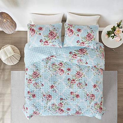  Comfort Spaces Reversible Quilt Set-Vermicelli Stitching Design All Season, Lightweight, Coverlet Bedspread Bedding, Matching Shams, King/Cal King (104 In X 90 In), Natalie Floral Blue 3 Piece