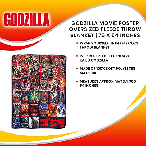  Godzilla Movie Poster Oversized Plush Throw Blanket | Cozy Sherpa Cover For Sofa, Bed Super Soft Fleece Official Kaiju Monster Gojira Collectible 76 X 54 Inches, Red, One Size