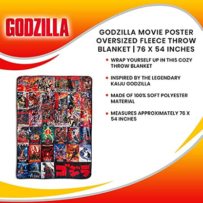  Godzilla Movie Poster Oversized Plush Throw Blanket | Cozy Sherpa Cover For Sofa, Bed Super Soft Fleece Official Kaiju Monster Gojira Collectible 76 X 54 Inches, Red, One Size