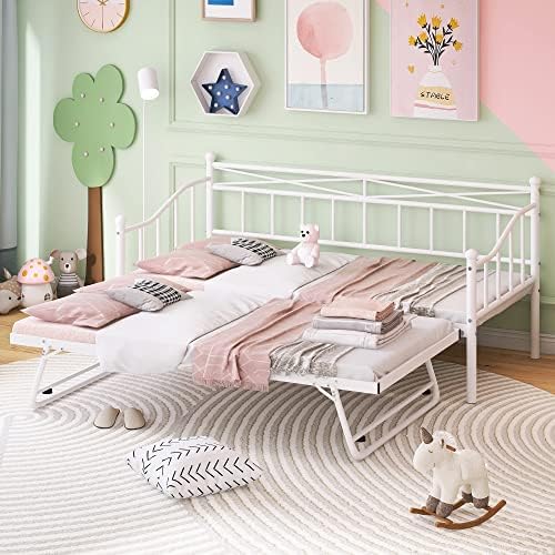  Twin Size Metal Daybed With Trundle, Daybed With Slat No Box Required, Noise Free, For Bedroom Living Room - Pink