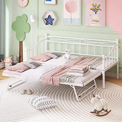  Twin Size Metal Daybed With Trundle, Daybed With Slat No Box Required, Noise Free, For Bedroom Living Room - Pink