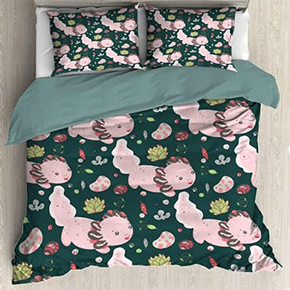  Ottoy Cute Axolotl Lightweight Comfortable 3 Pieces Duvet Cover Luxury Soft Bedding Quilt Set With Pillow Shams Full/Queen Size(No Comforter) 104"X90"