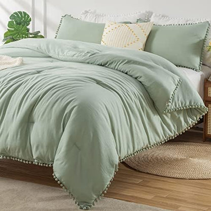  Annadaif White Comforter Set Full Size, Pom Pom Fringe Comforter 3 Pieces, Soft Microfiber Down Alternative Bedding Set For All Season As Gift (1 Comforter,2 Pillowcases)