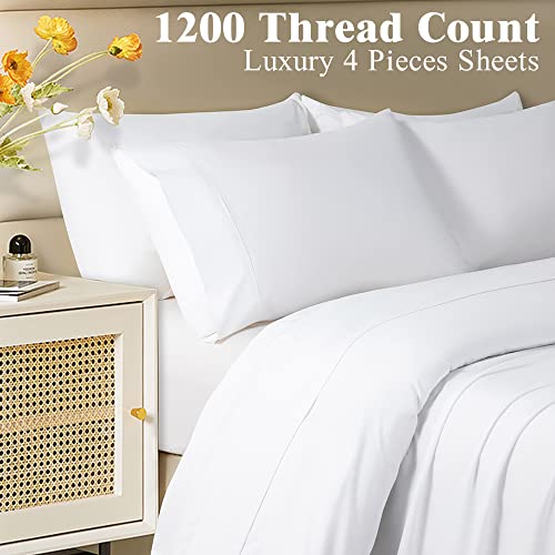  SONORO KATE 1200 Thread Count Cotton Sheets, Luxury 100% Egyptian Cotton Queen Size Sheets, Extra Soft Bed Sheets Sateen Weave With 16" Elasticized Deep Pocket - 4 Piece(Queen,White)