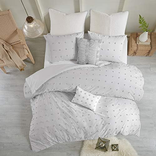  Duvet Set 100% Cotton Jacquard, Tufts Accent, Shabby Chic All Season Cover For Comforter, Matching Shams, Decorative Pillows, Full/Queen (88 In X 92 In), Charcoal 7 Piece