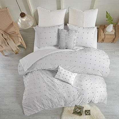  Duvet Set 100% Cotton Jacquard, Tufts Accent, Shabby Chic All Season Cover For Comforter, Matching Shams, Decorative Pillows, Full/Queen (88 In X 92 In), Charcoal 7 Piece