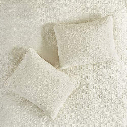  Madison Park Quebec Fitted Bedspread Classic Traditional Design All Season, Lightweight, Bedding Set, Matching Shams, Queen(60" X80+24D), Quebec, Damask Quilted Cream 3 Piece