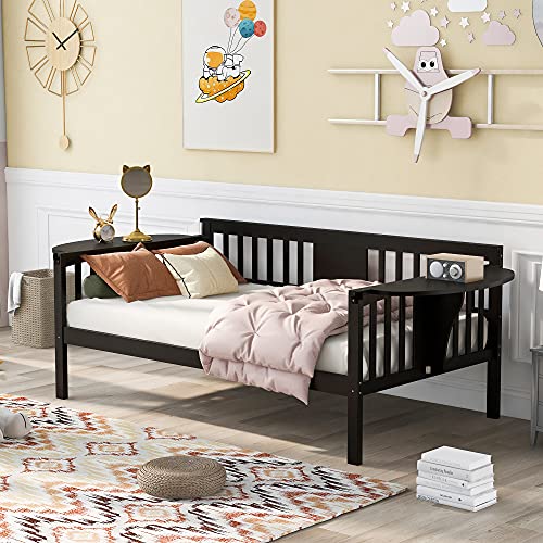  BIADNBZ Twin Daybed Sofa Bed Frame With 2 Side Small Foldable Table And Wood Slat Support, Bedroom Furniture Set, Easy Assembly, Espresso