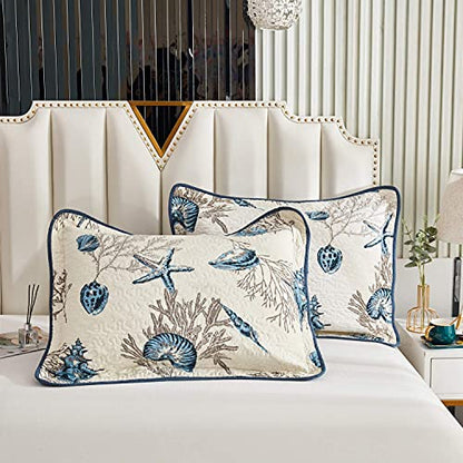  Quilted Pillow Shams King Size Set Of 2 Cotton Coastal Beach Decorative Pillow Covers Navy Blue Nautical Seashells Bedroom Decor