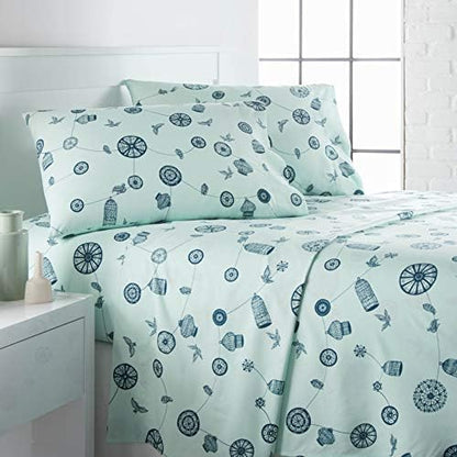  Bird Collection, 3-Piece, 14-Inch Deep Pocket Sheet Set, Easy Care, Shrinkage Free Sheet Set With 1 Flat Sheet, 1 Fitted Sheet, 1 Pillowcase, Blue, Twin XL