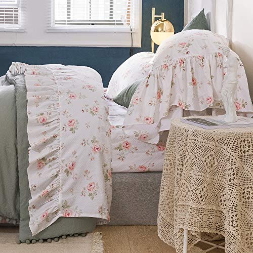  Ueen's House Shabby Floral Bed Sheet Set 4-Piece Queen Size French Country Ruffle Bed Sets