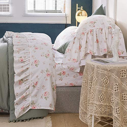  Ueen's House Shabby Floral Bed Sheet Set 4-Piece Queen Size French Country Ruffle Bed Sets