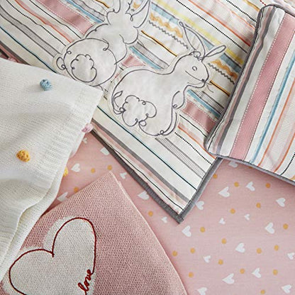  Cotton Tail - Soft 100% Cotton Rose, Grey, Aqua, Ivory Ribbon Stripe Nursery Crib Quilt With Appliqued Bunnies, Rose, Ivory, Aqua, Coral