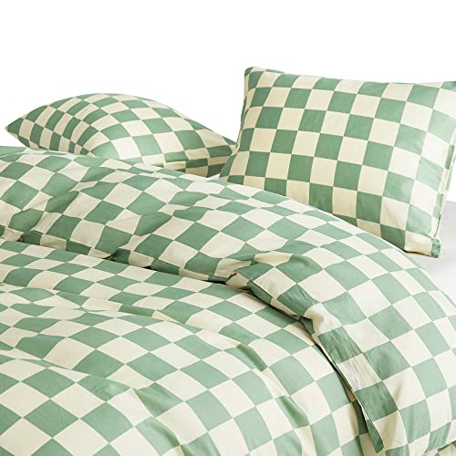  - Green And Light Yellow Checkered Duvet Cover Set, 100% Cotton Bedding, Buffalo Plaid Gingham Checkerboard Geometric Pattern, With Zipper Closure (3pcs, King Size)