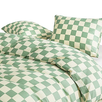  - Green And Light Yellow Checkered Duvet Cover Set, 100% Cotton Bedding, Buffalo Plaid Gingham Checkerboard Geometric Pattern, With Zipper Closure (3pcs, King Size)