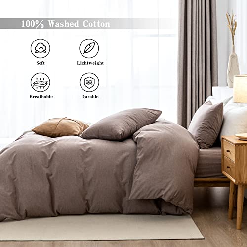  Queen Duvet Cover Set- 100% Washed Cotton 3 Pcs Soft Comfy Breathable Chic Linen Feel Bedding, 1 Duvet Cover And 2 Pillow Shams, Mauve Brown