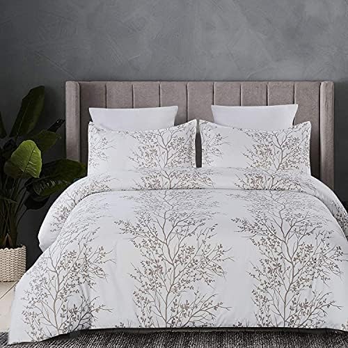  Lightweight Microfiber Duvet Cover Set, Grey And White Floral Branches Printed Pattern - King Size 3-Piece Set (1 Duvet Cover 2 Pillowcases)