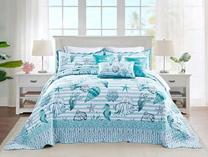  HZ&HY Coastal Oversized King Bedspread 128x120 Extra Wide, Lightweight Beach Bedding Nautical Quilt, Real Stitching, Reversible, 6 Piece, 100% Microfiber, King/California King, Shell