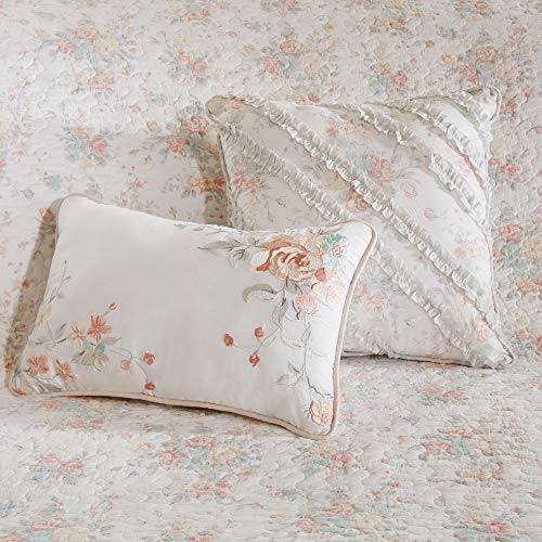  Madison Park 100% Cotton Quilt Set Floral Print, Double Sided Stitching, All Season, Lightweight Coverlet Shabby Chic Bedding Layer, Matching Shams, Full/Queen, Pink 6 Piece