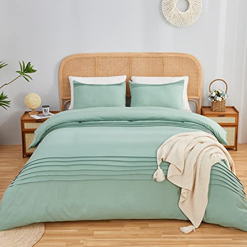  Sage Green Duvet Cover King Size Pleated Duvet Cover Set Soft Microfiber With 2 Pillowcases Zipper Closure Bedding Set (Sage Green, 104"x90")