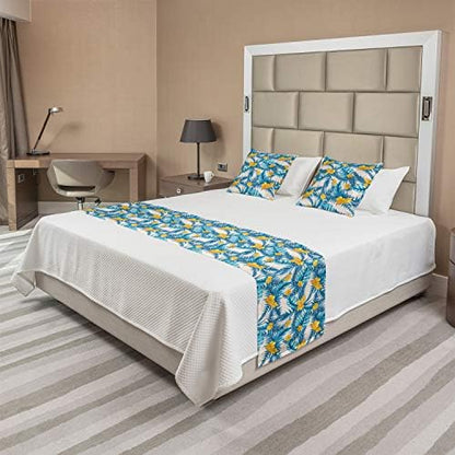  Ambesonne Tropical Bed Runner Set, Exotic Leaves And Flowers Pattern Abstract Rainforest Elements Illustration, Decorative Bedding Scarf And 2 Pillow Shams For Hotels Homes, Blue Yellow Ivory