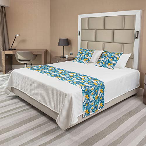  Ambesonne Tropical Bed Runner Set, Exotic Leaves And Flowers Pattern Abstract Rainforest Elements Illustration, Decorative Bedding Scarf And 2 Pillow Shams For Hotels Homes, Blue Yellow Ivory