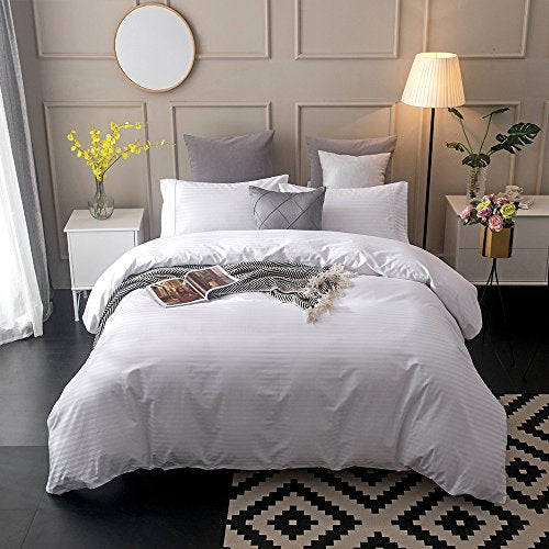  Merryfeel Cotton Sateen Duvet Cover Set,100% Cotton Sateen 300 Thread Count Classic Jacqaurd Stripe Duvet Cover Set,3 Pieces Bedding Set. (Full/Queen,White)-5-Star Hotel Quality